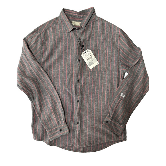 Zara Kids 13/14 Button Up Shirt Gray Red Striped Cotton Urban Streetwear Western - Picture 1 of 7